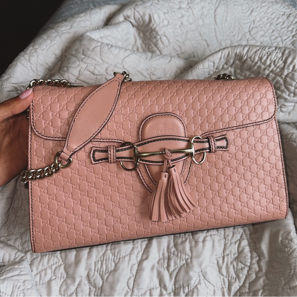 Large Gucci Emily Shoulder Bag Pink Embossed Leather